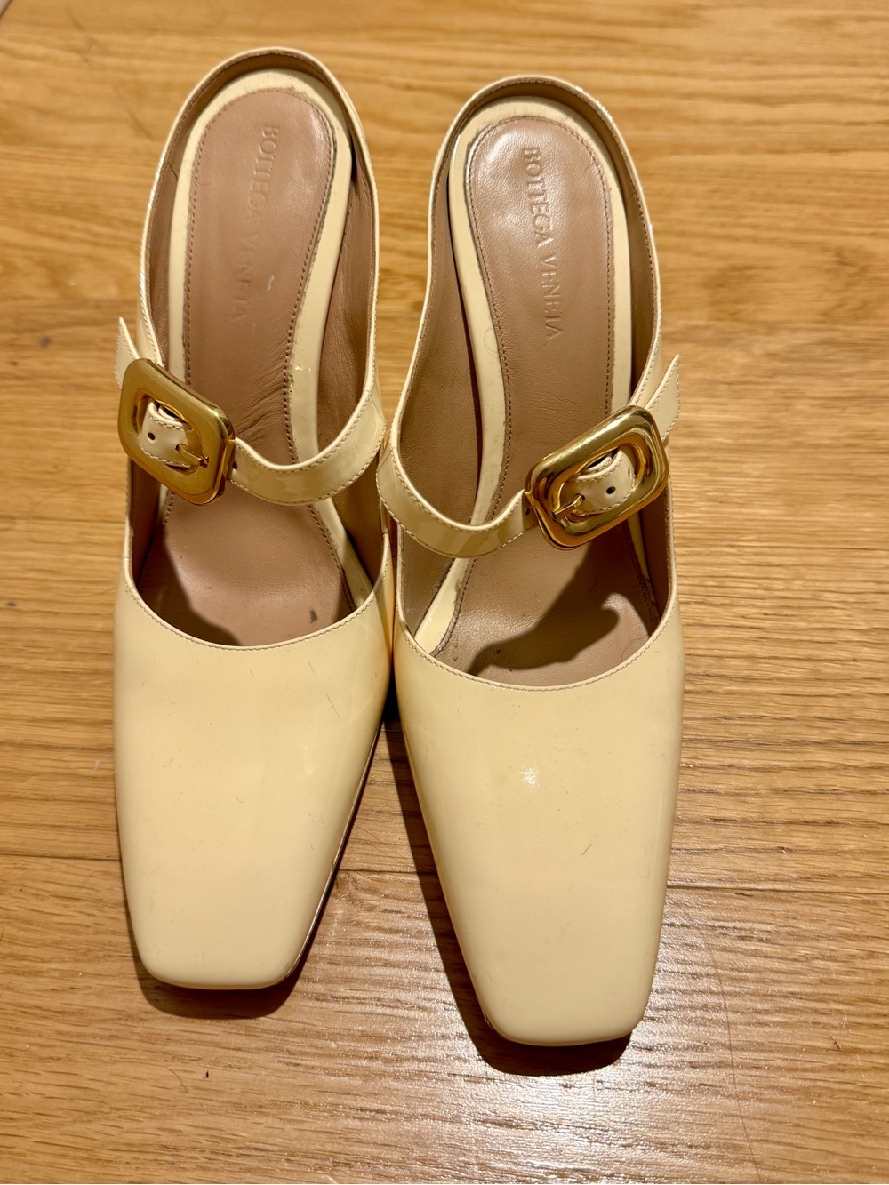 Bottega Veneta Yellow Cream Leather Mary Jane Mules with Gold Buckles